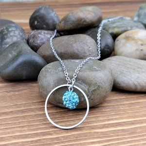 Teal Rhinestone Bead Circle Charm Stainless Steel Chain Necklace